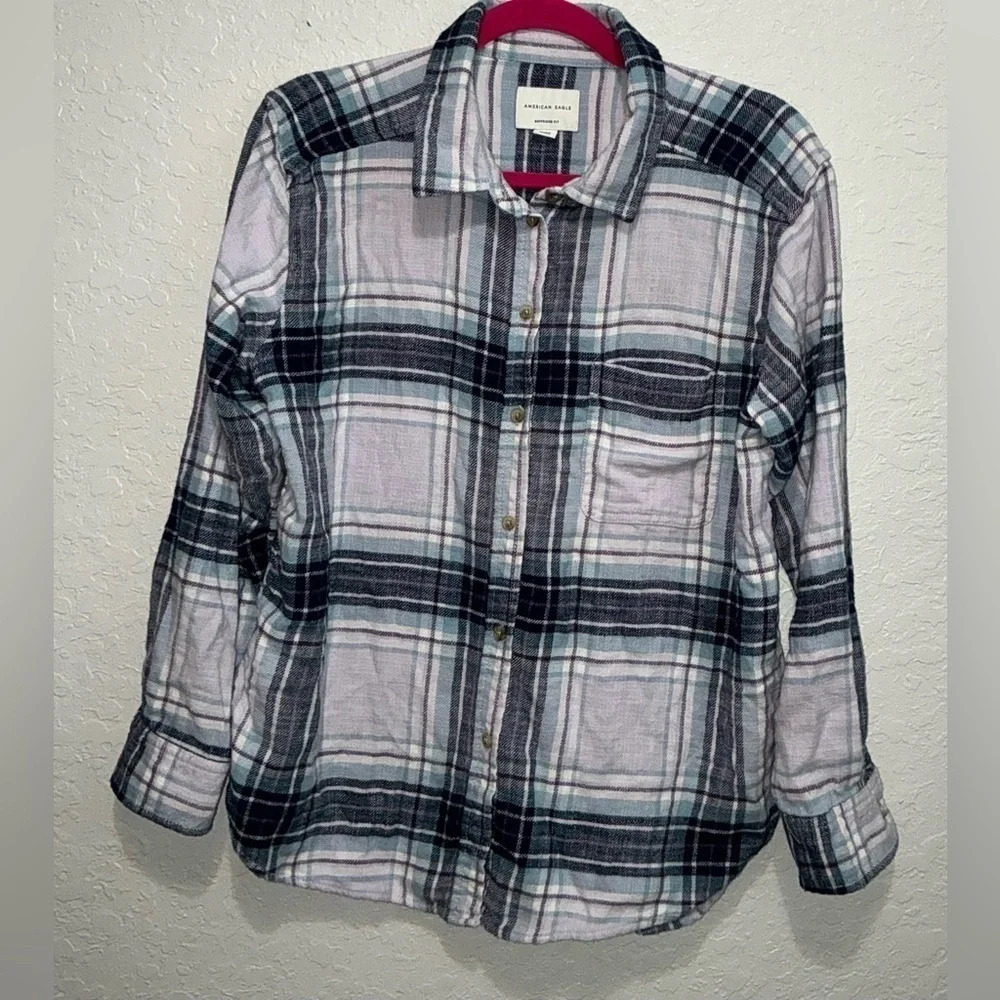 American Eagle Outfitters Light Pink and Black Plaid Button-Down Shirt